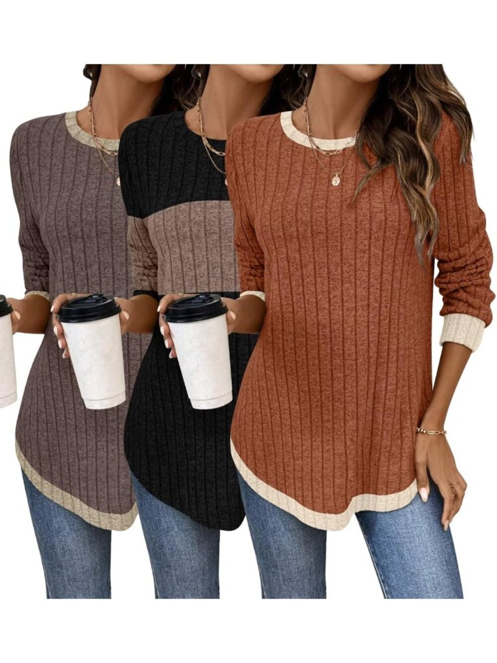 3 Pack Women's Long Sleeve Tunic Tops - Curved Hem Fall Sweaters, Casual Style